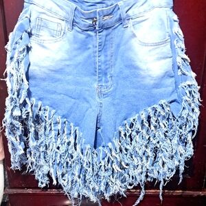 Fringed Blue Denim Shorts